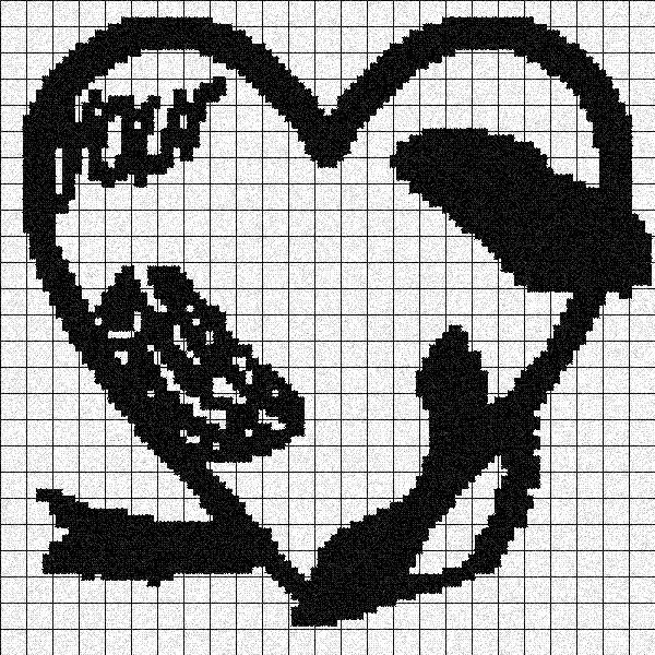 A black outline of a heart on a white background with a grid. Distorted cybre images appear across the image.